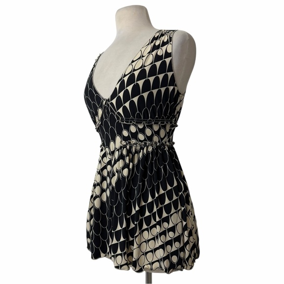 VTG Art Deco Scallop Print Smocked Empire Waist Babydoll Sleeveless Top Small - Picture 7 of 10
